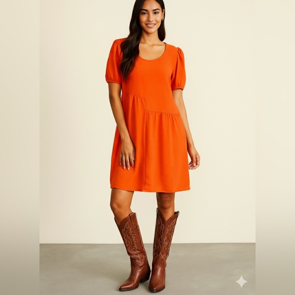 Nina Leonard Dresses & Skirts - NEW Nina Leonard Vibrant Orange Puff Sleeve Midi Dress